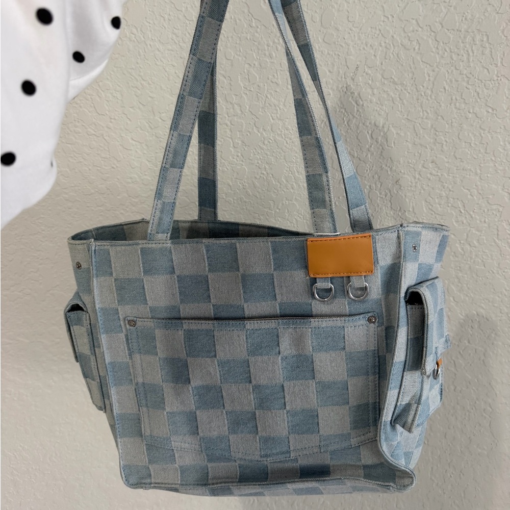 Light Blue Checkered Tote Bag - Casual Women's Shoulder Bag